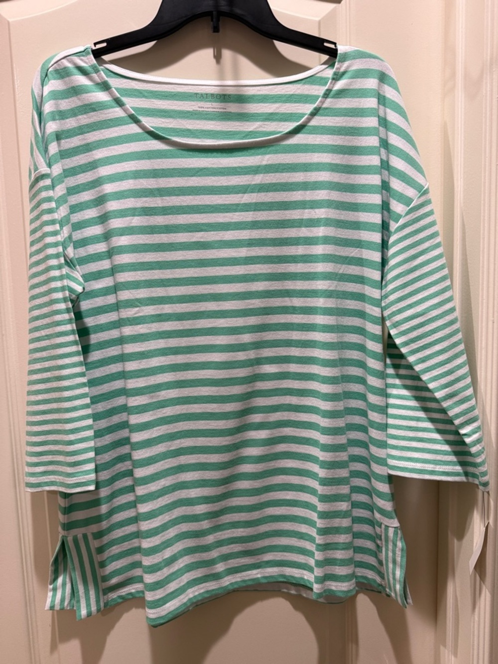 Talbots NWT Mint Green and White Striped 3/4 Sleeve Top